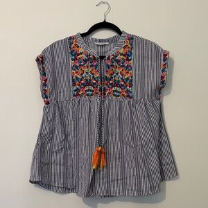 THML Navy Striped Top with Colorful Embroidery